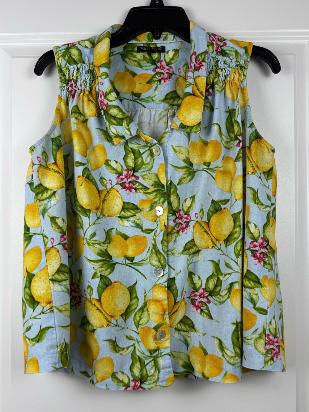 For Cynthia Sleeveless Lemon Print Button-Down Top - Light Blue